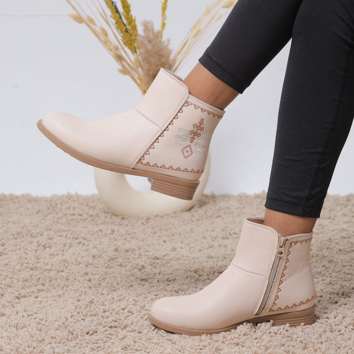 Beige Back Embroidered Zipper Ankle Boots