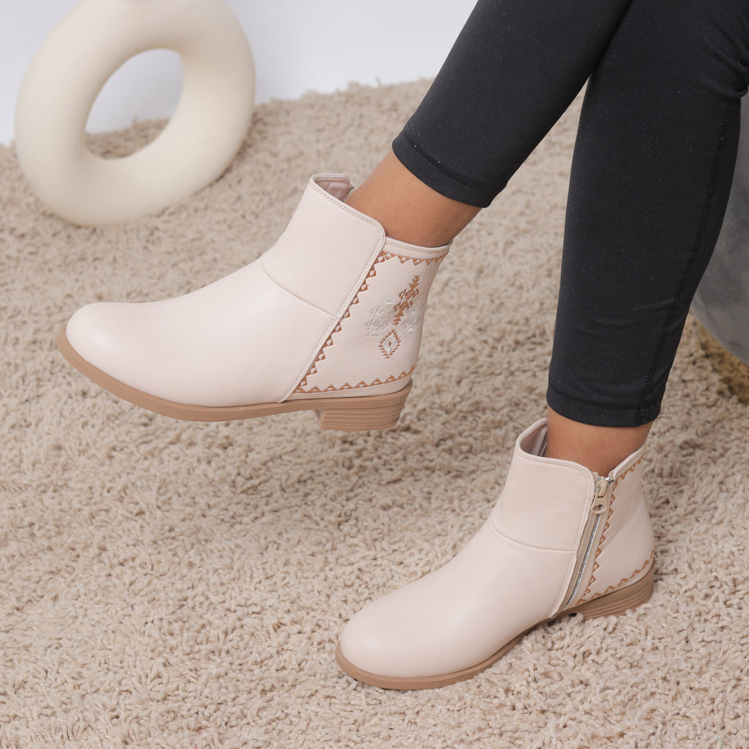 Beige Back Embroidered Zipper Ankle Boots