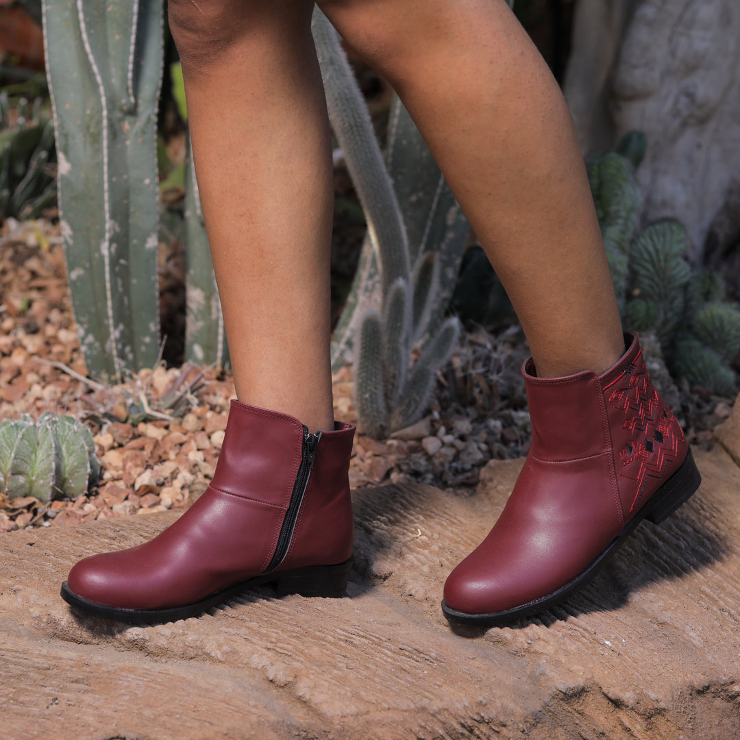 Stylish Ankle Boots with Embroidered Detail - Maroon