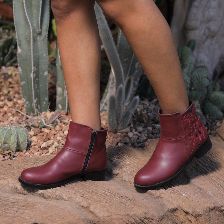 Stylish Ankle Boots with Embroidered Detail - Maroon