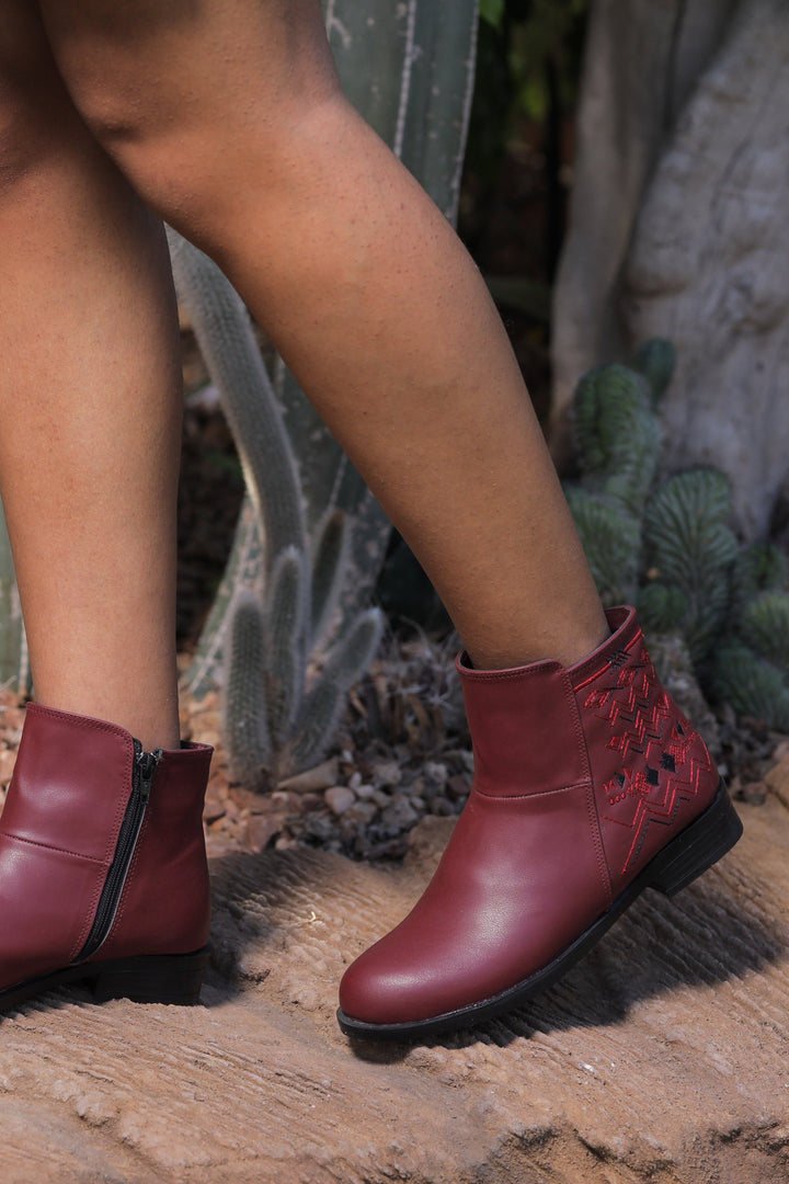 Stylish Ankle Boots with Embroidered Detail - Maroon