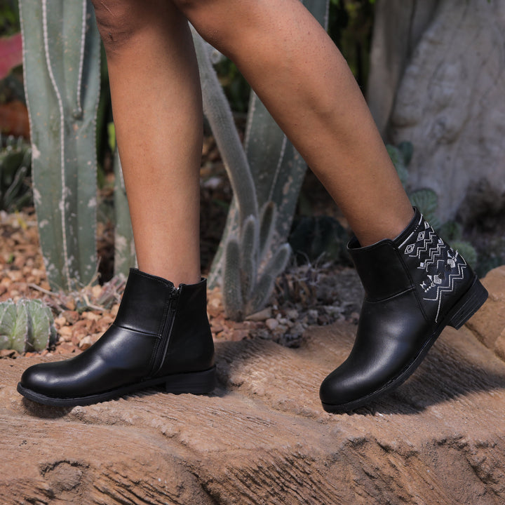 Stylish Black Ankle Boots with Embroidered Detail -  Black