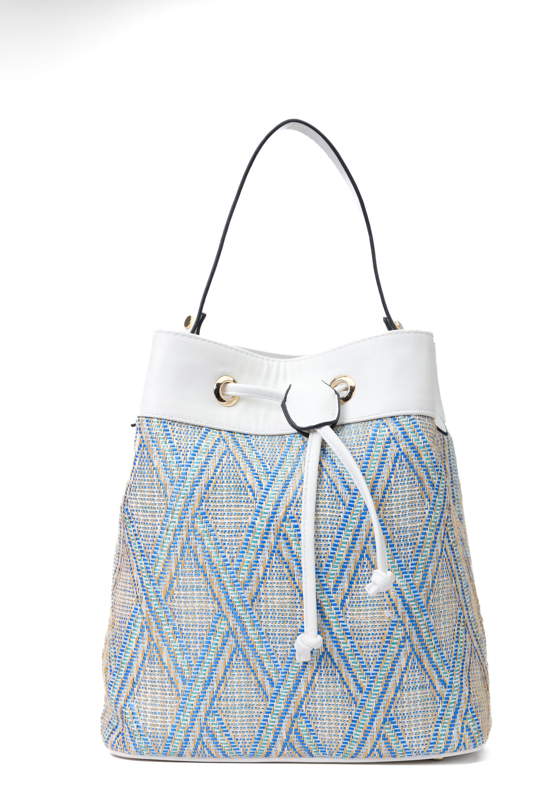 Multicolored Woven Fabric and Leather Handbag White