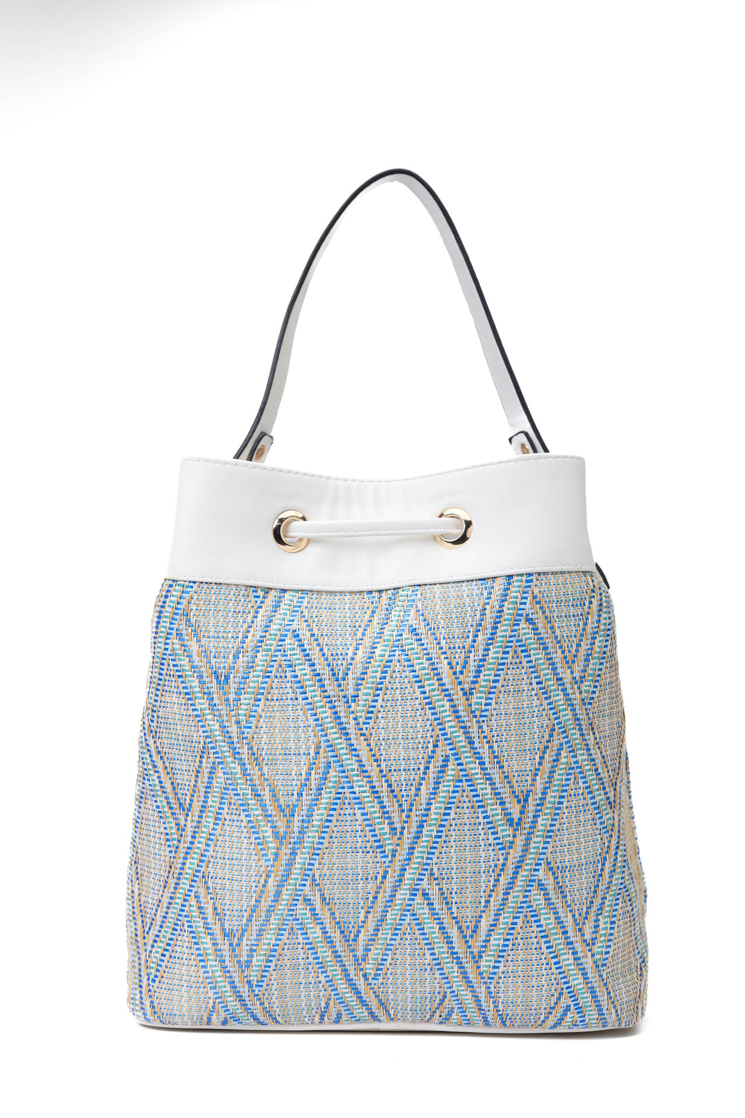 Multicolored Woven Fabric and Leather Handbag White