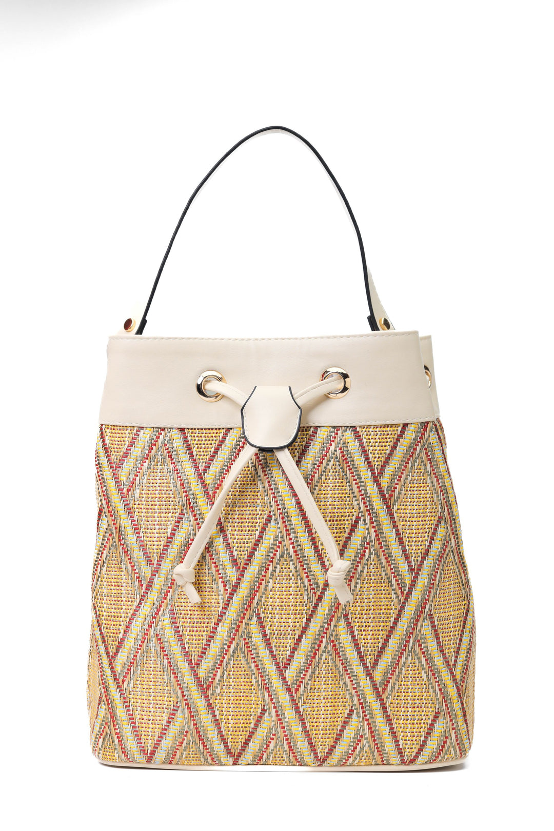 Multicolored Woven Fabric and Leather Handbag Beige