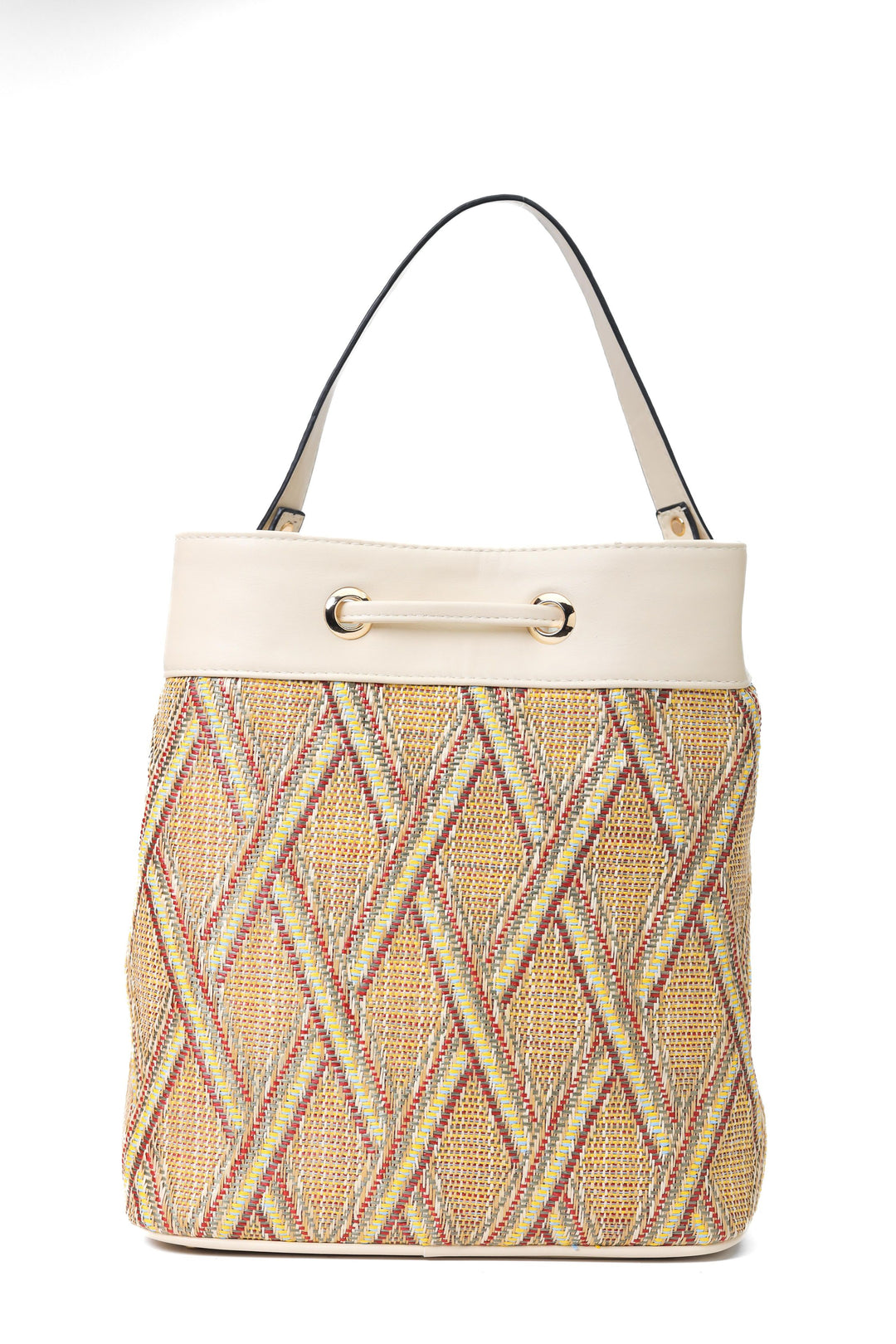 Multicolored Woven Fabric and Leather Handbag Beige