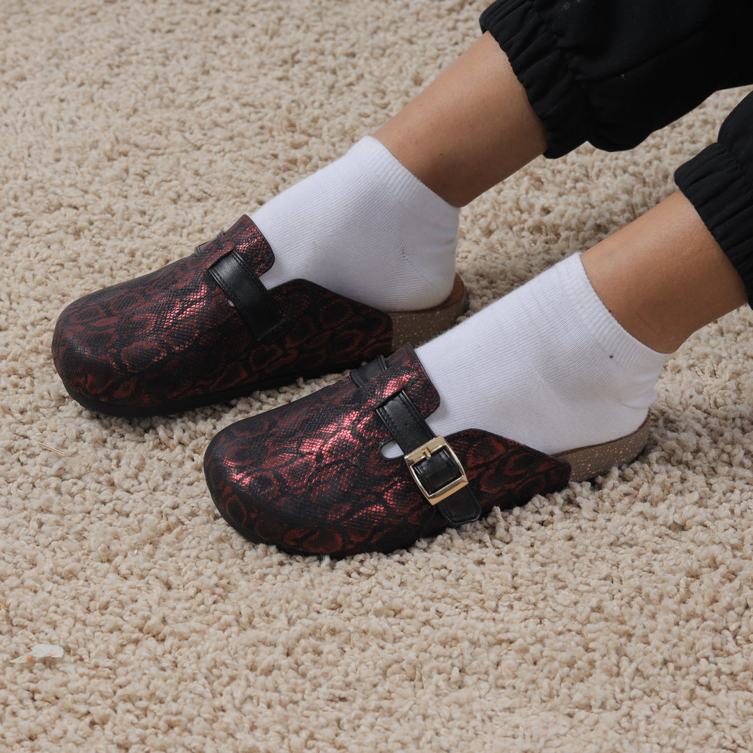 Comfy Soft Footbed Women Clogs - Maroon Snake Print