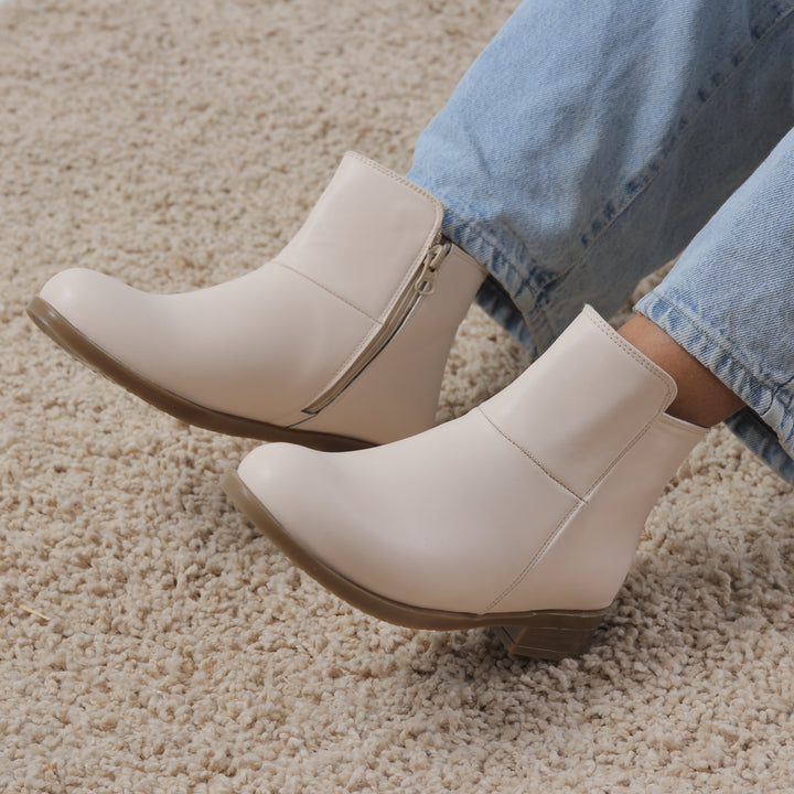 Beige Back Zipper Ankle Boots