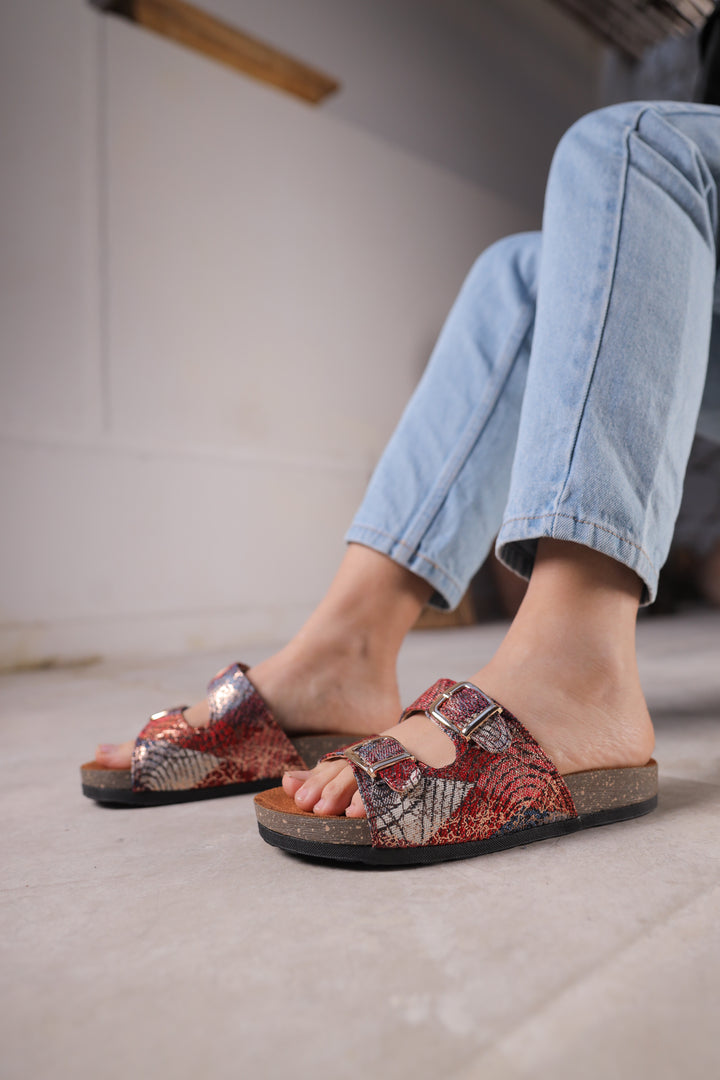 Crimson Luxe Snake-Print Slides