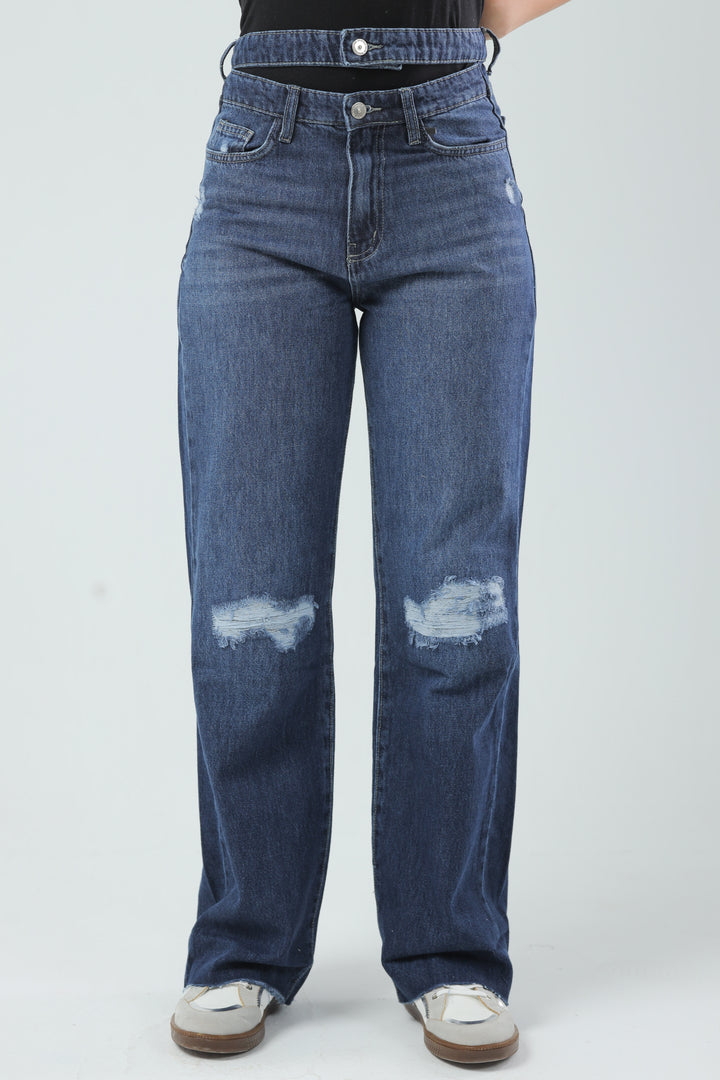 Double-Waist Distressed Denim