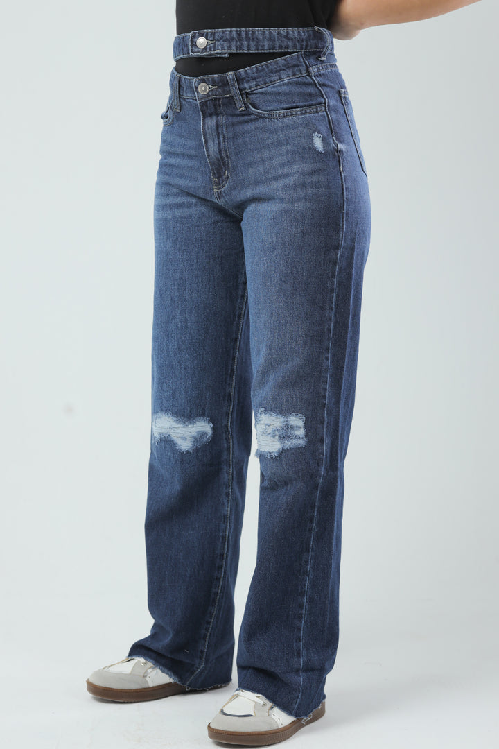 Double-Waist Distressed Denim