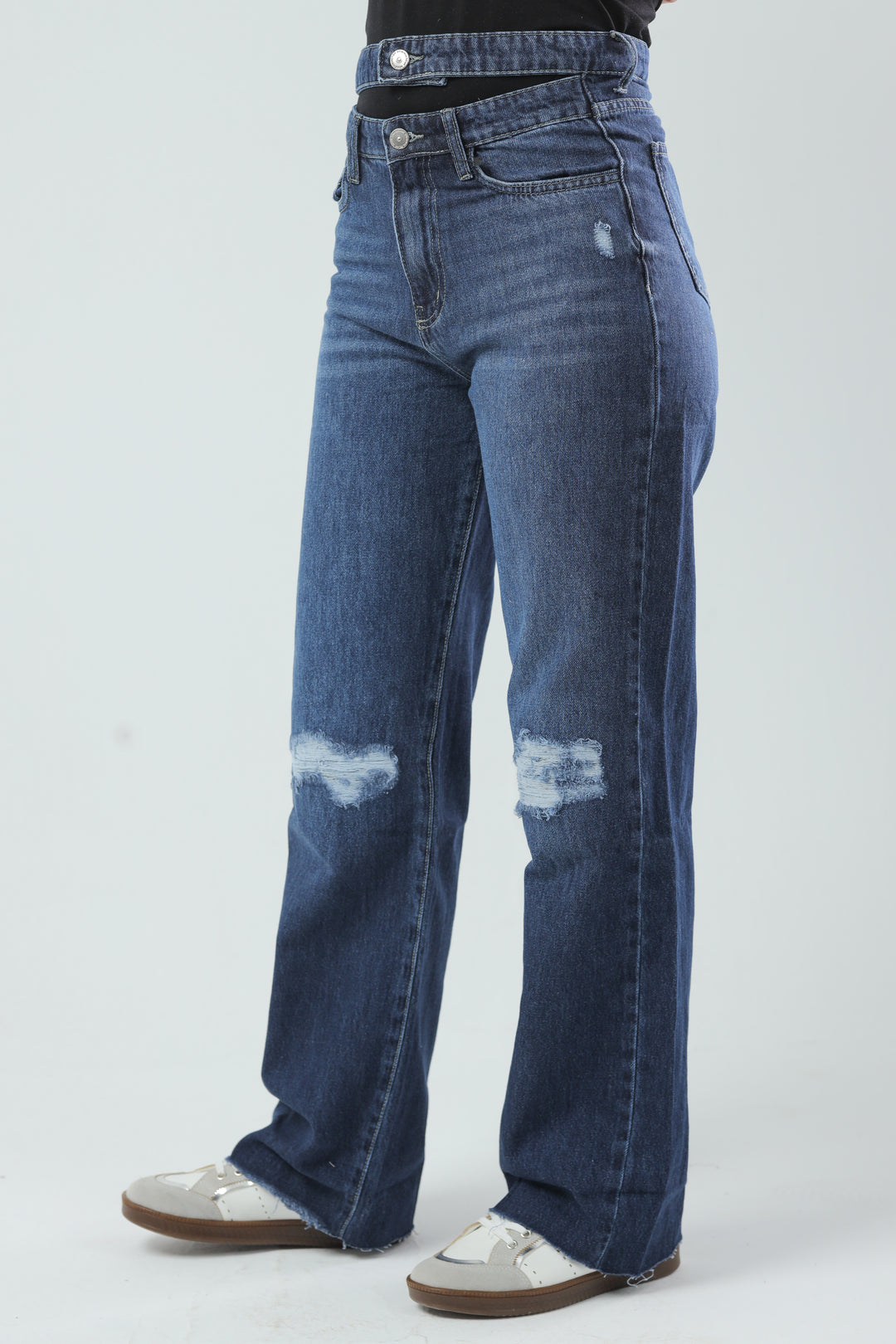 Double-Waist Distressed Denim