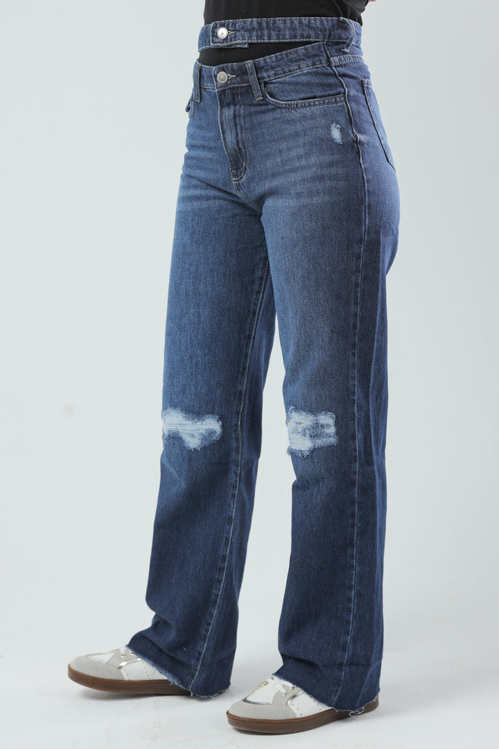 Double-Waist Distressed Denim