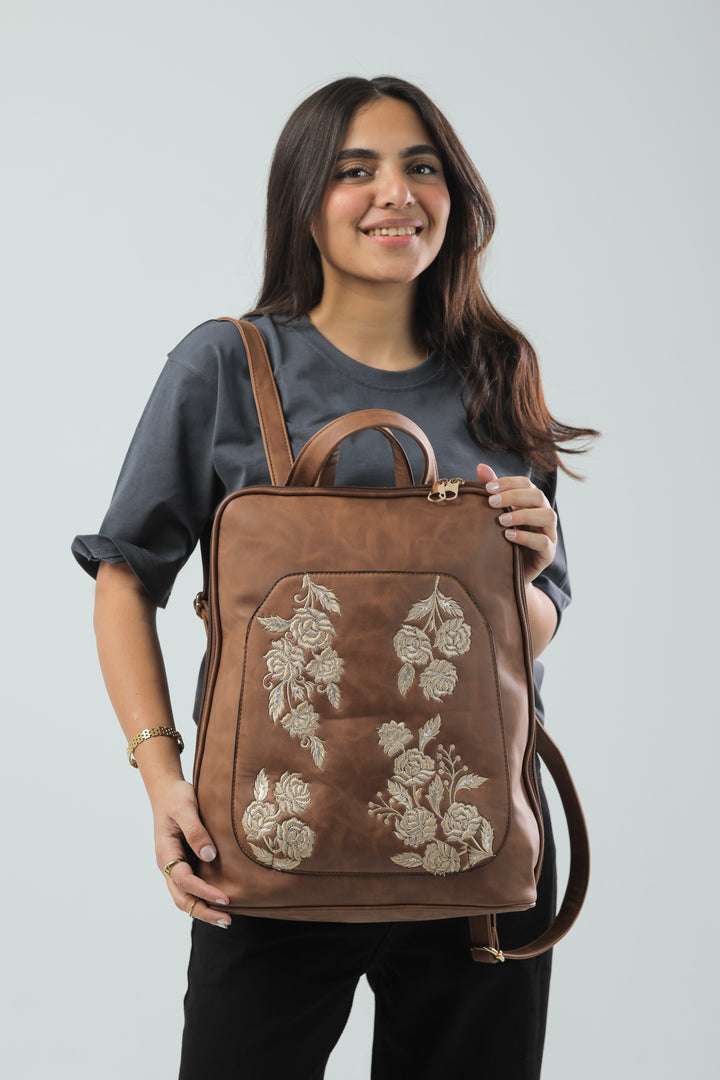 Laptop Backpack Embroidered Flower - Havane