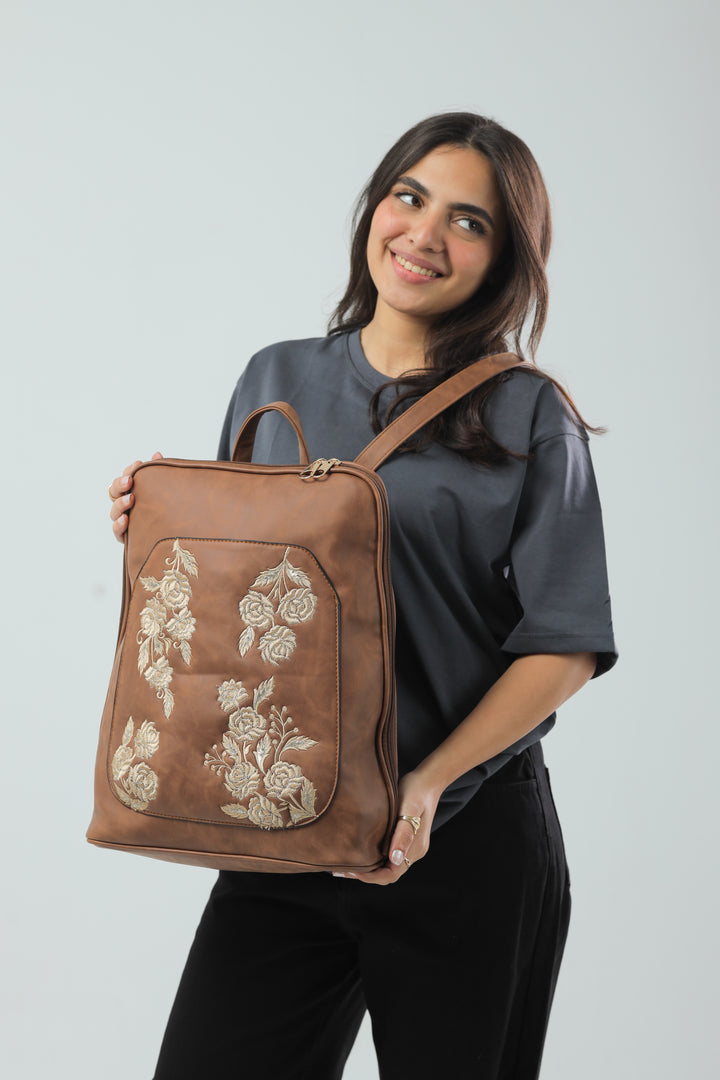 Laptop Backpack Embroidered Flower - Havane