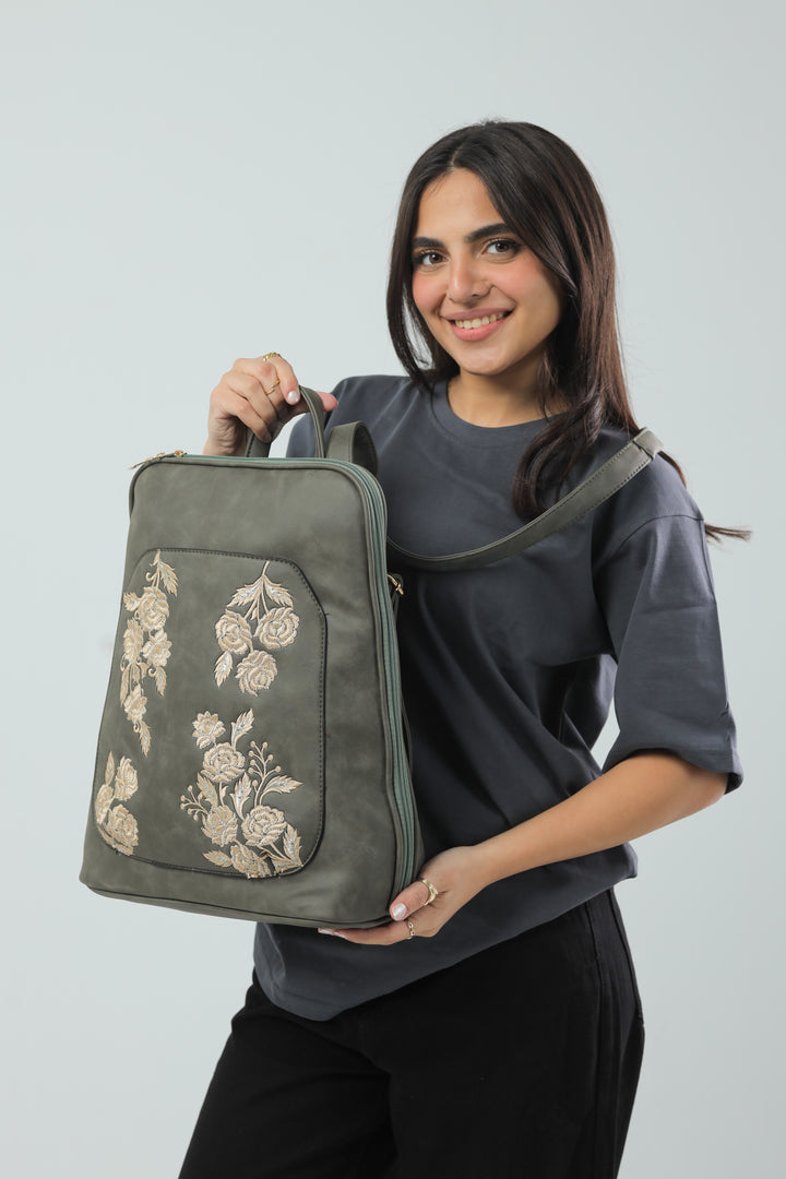 Laptop Backpack Embroidered Flower - Olive Green