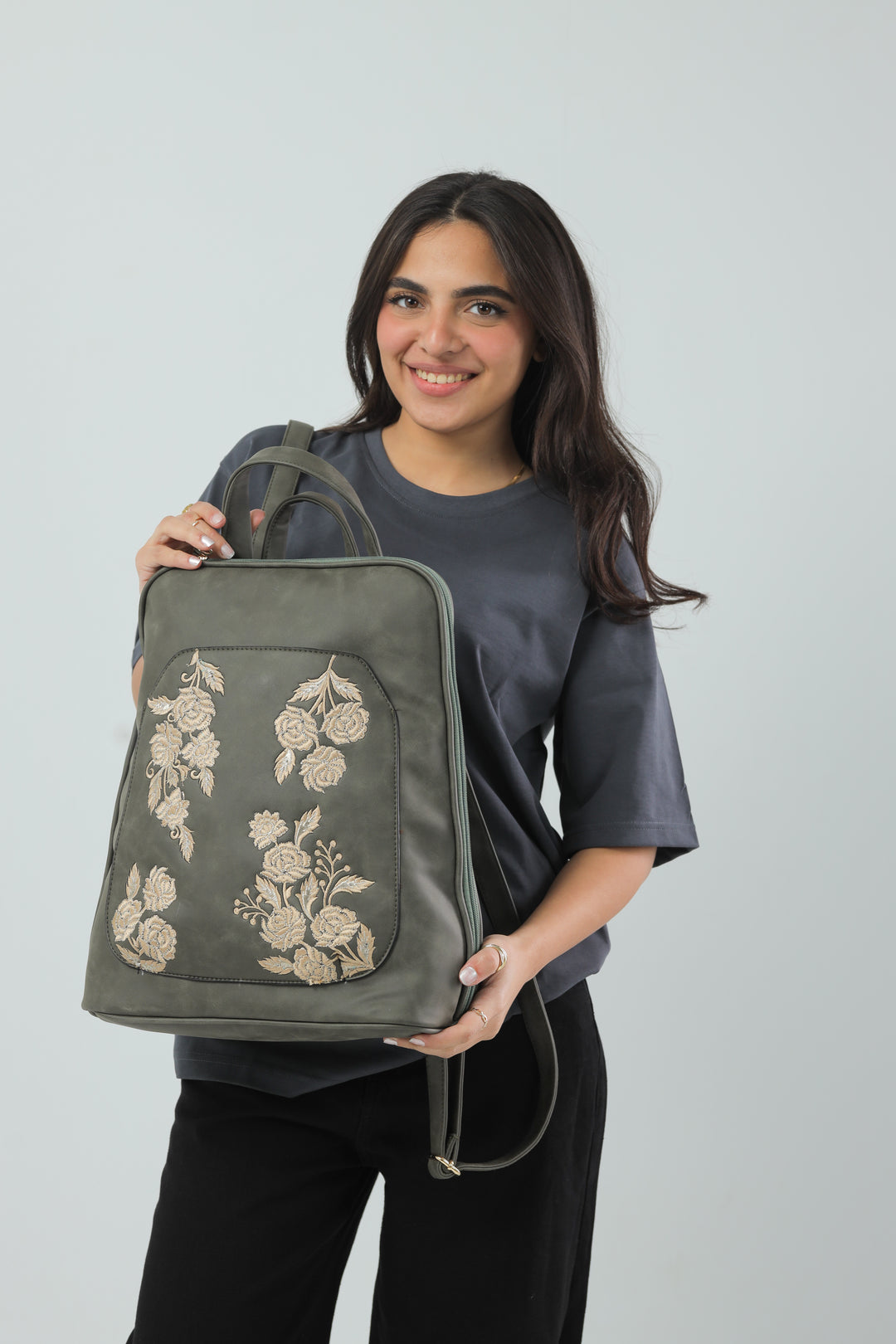 Laptop Backpack Embroidered Flower - Olive Green