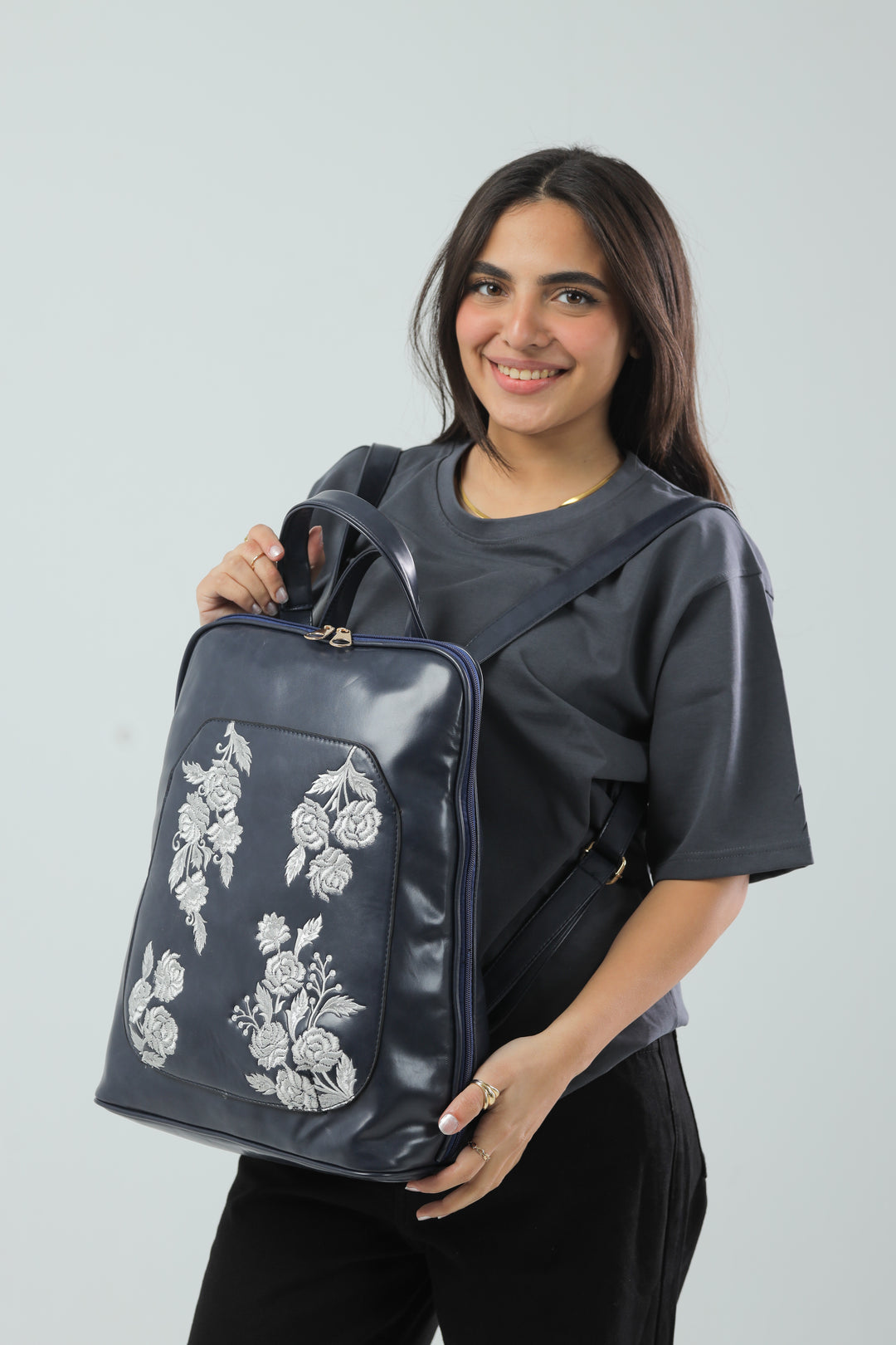 Laptop Backpack Embroidered Flower - Navy Blue