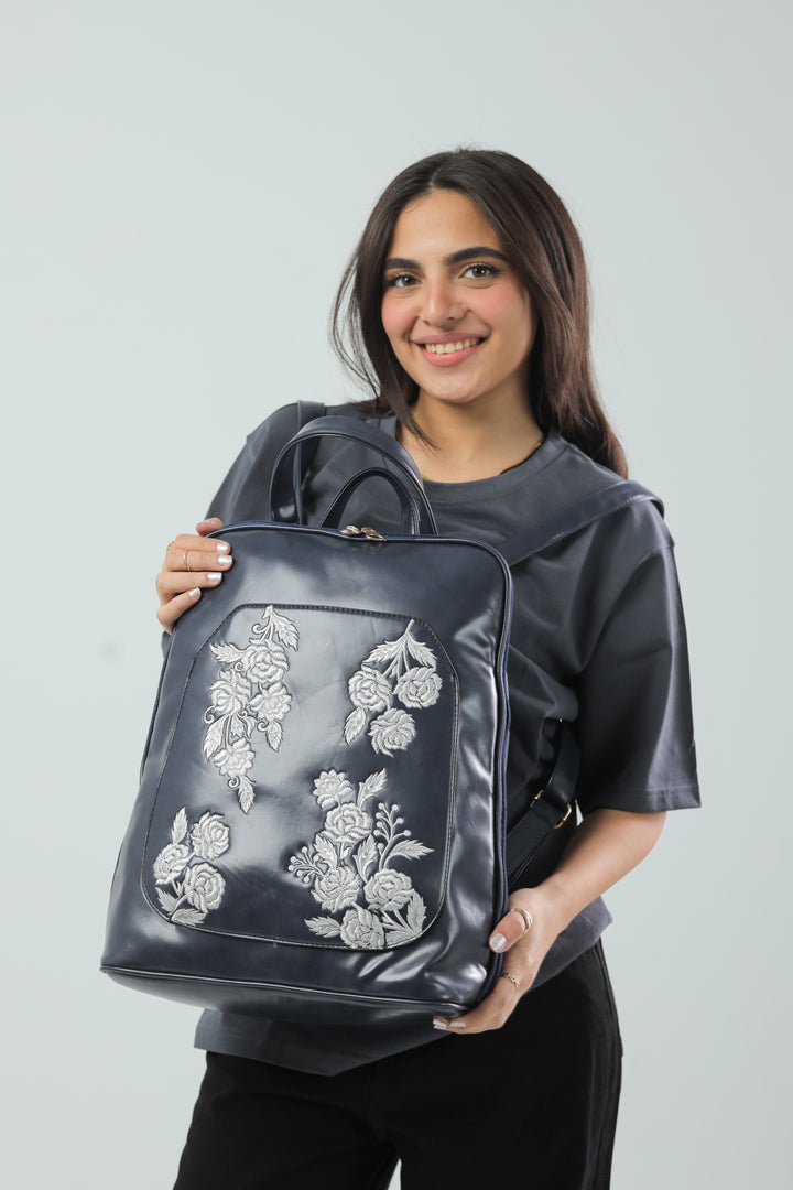 Laptop Backpack Embroidered Flower - Navy Blue