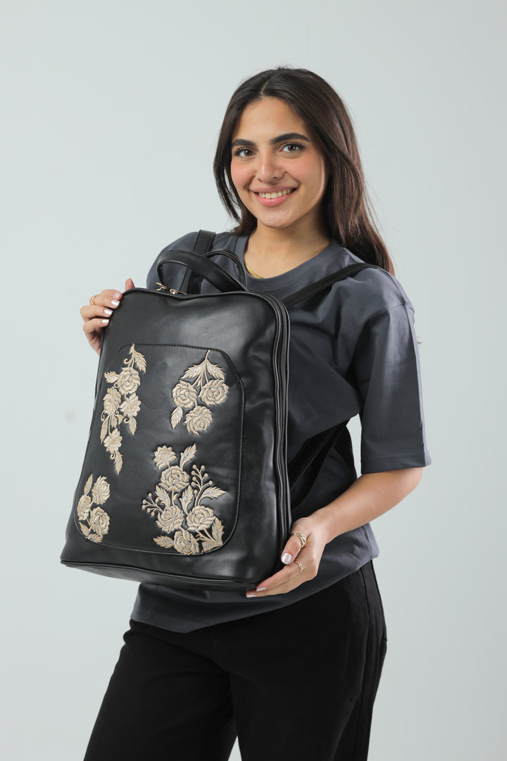 Laptop Backpack Embroidered Flower - Black