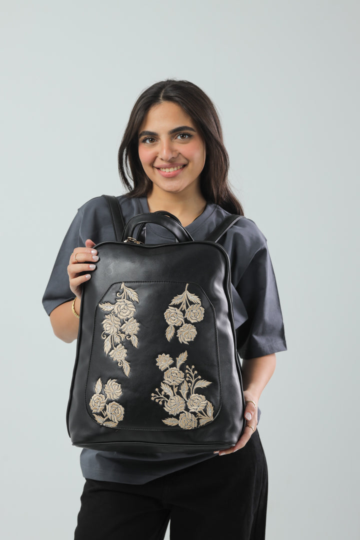 Laptop Backpack Embroidered Flower - Black