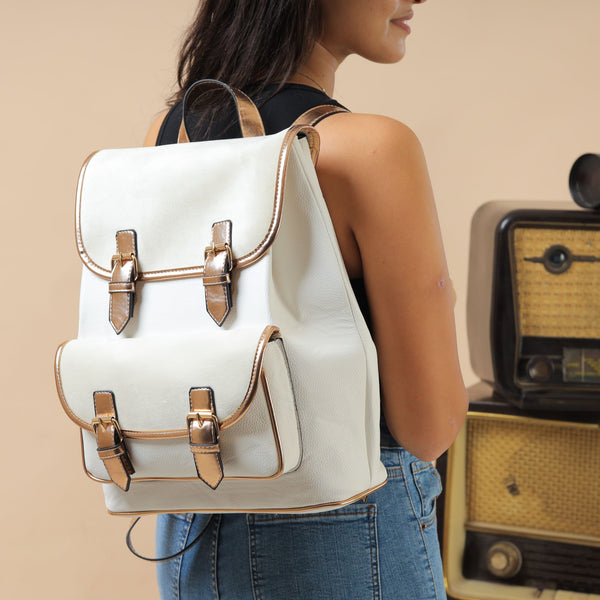 Shiny Double Buckle Backpack - White