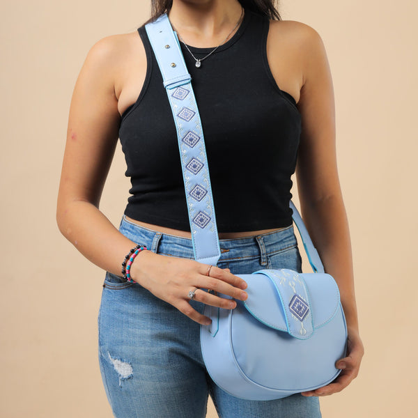 Abstract Embroidered Curved Crossbag - BabyBlue