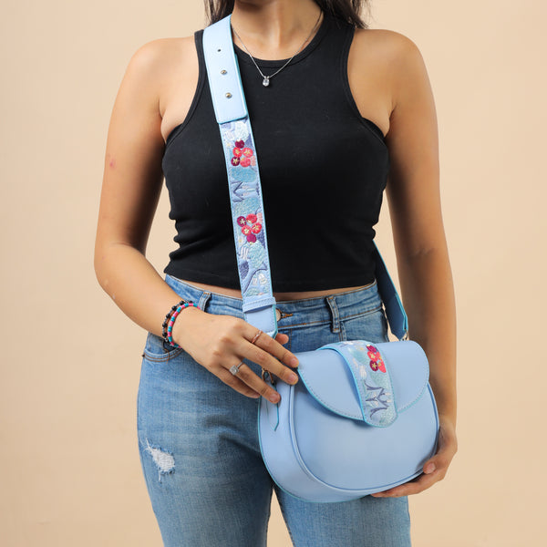 Embroidered Curved Crossbag - Baby Blue