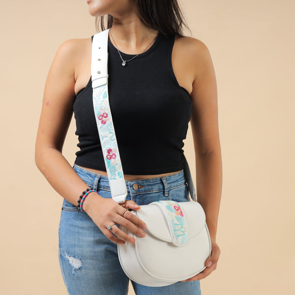 Embroidered Curved Crossbag - White