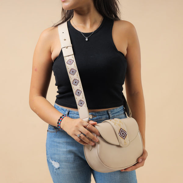 Abstract Embroidered Curved Crossbag - Beige