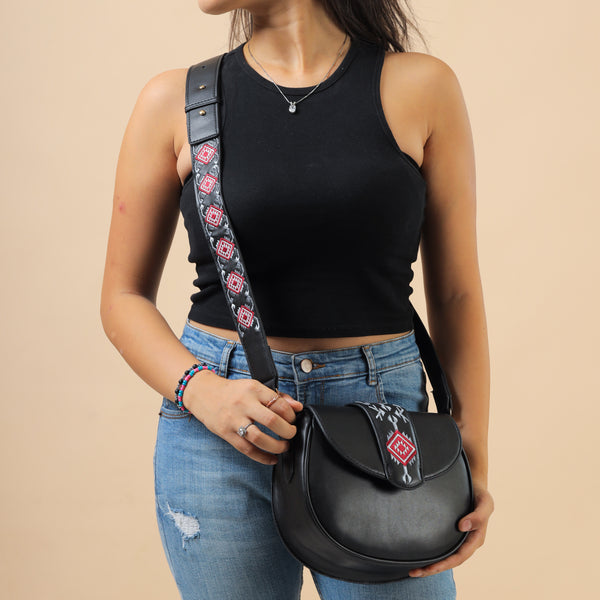 Abstract Embroidered Curved Crossbag - Black