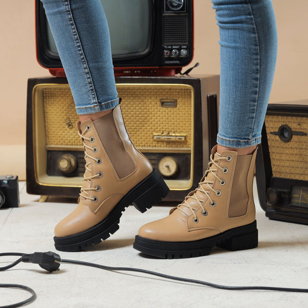 Chelsea Laceup & Zipper Plain Leather Boots - Beige