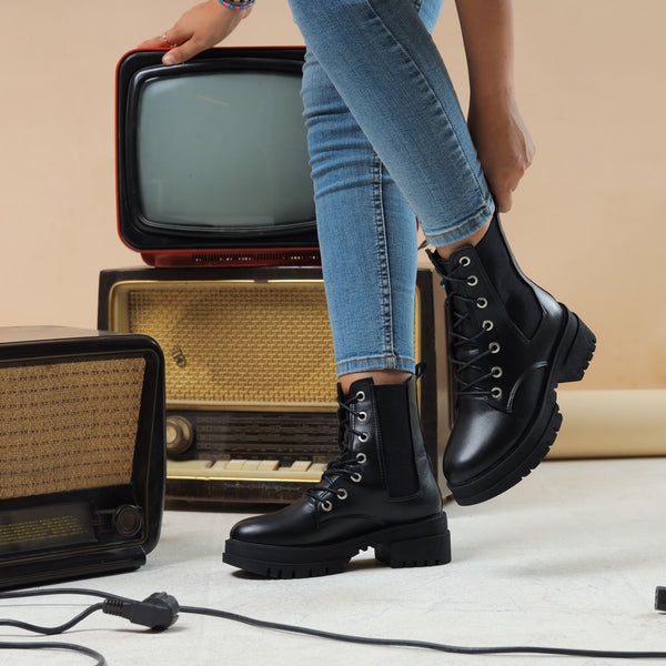 Chelsea Laceup & Zipper Plain Leather Boots - Black