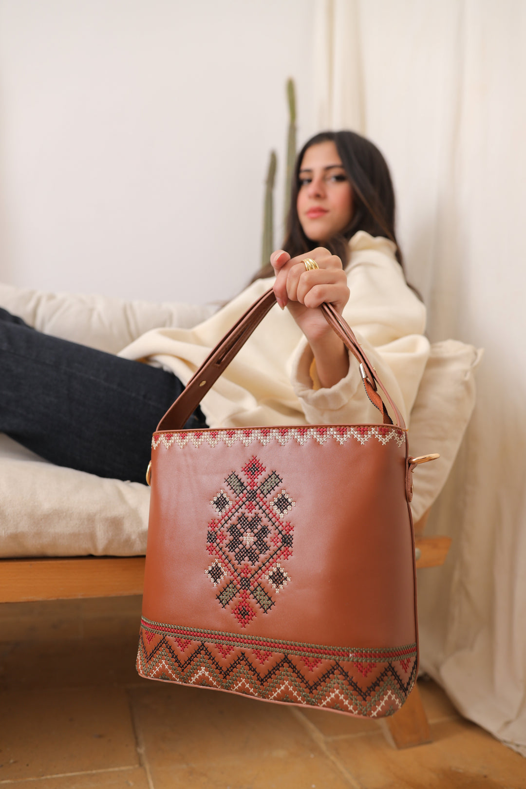 Havan Embroidered Tote Leather Bag