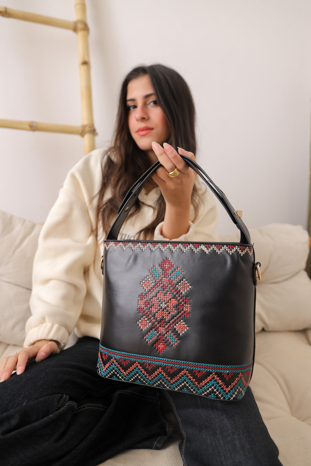 Black Embroidered Tote Leather Bag