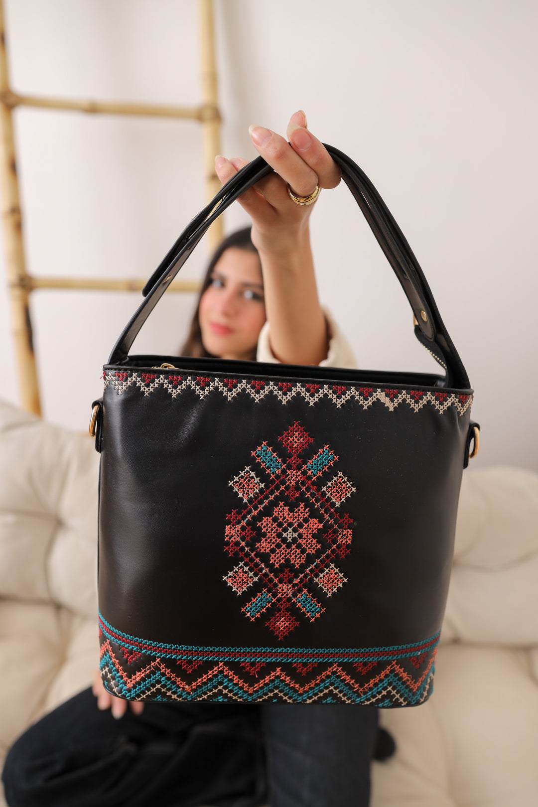 Black Embroidered Tote Leather Bag