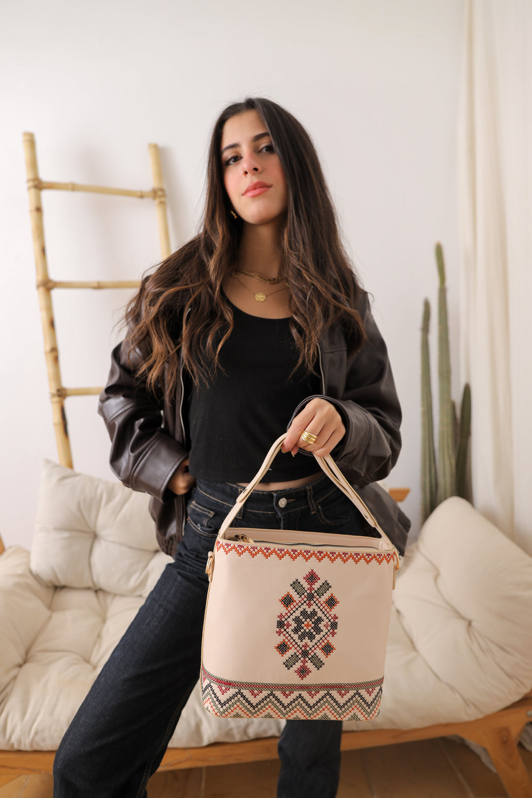 Beige Embroidered Tote Leather Bag