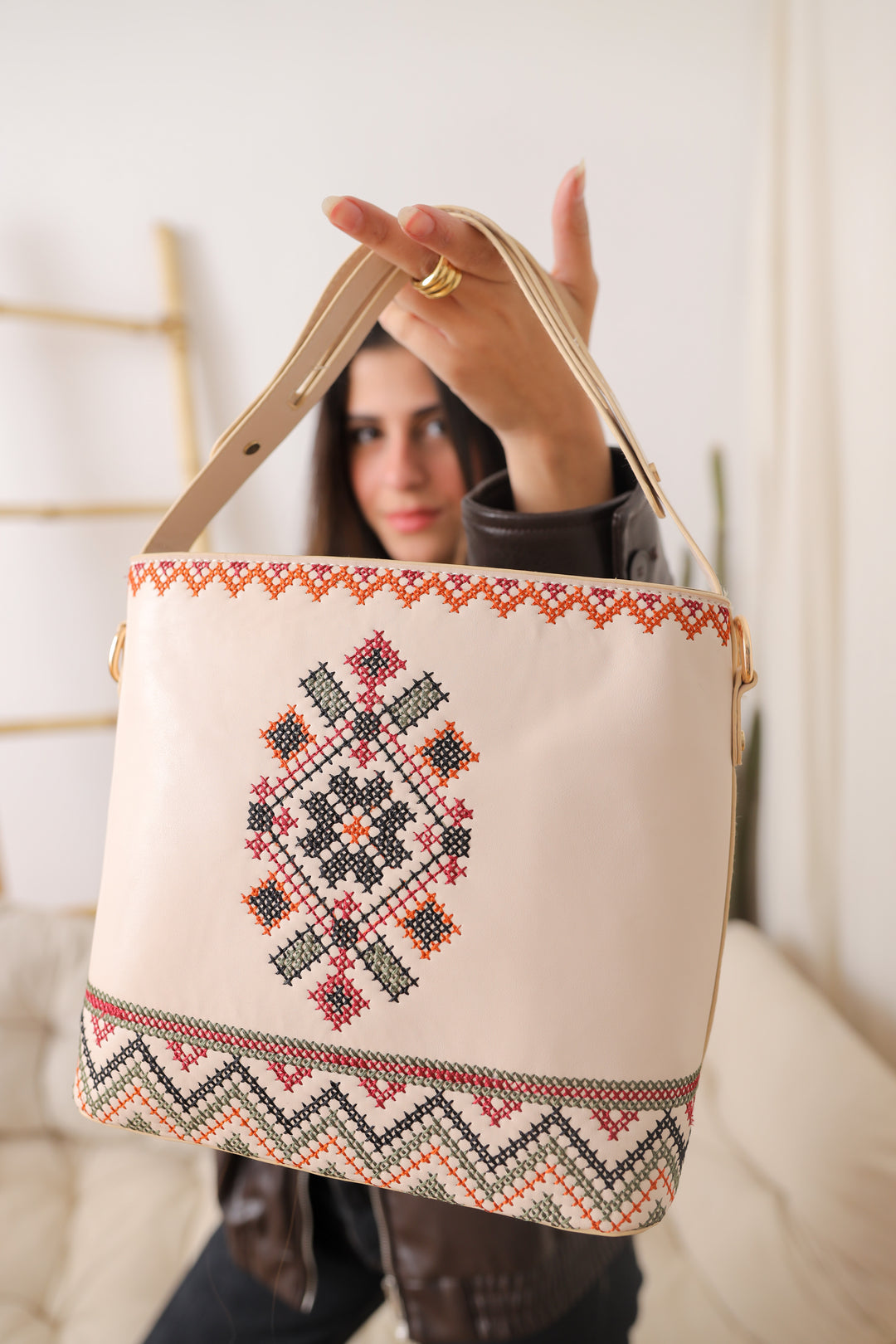 Beige Embroidered Tote Leather Bag