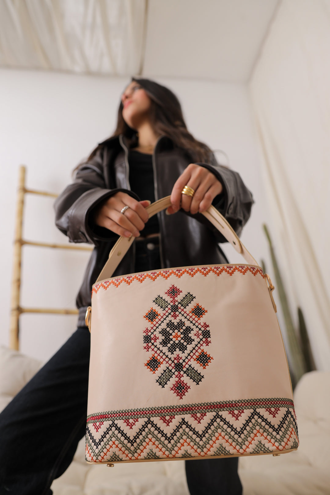 Beige Embroidered Tote Leather Bag