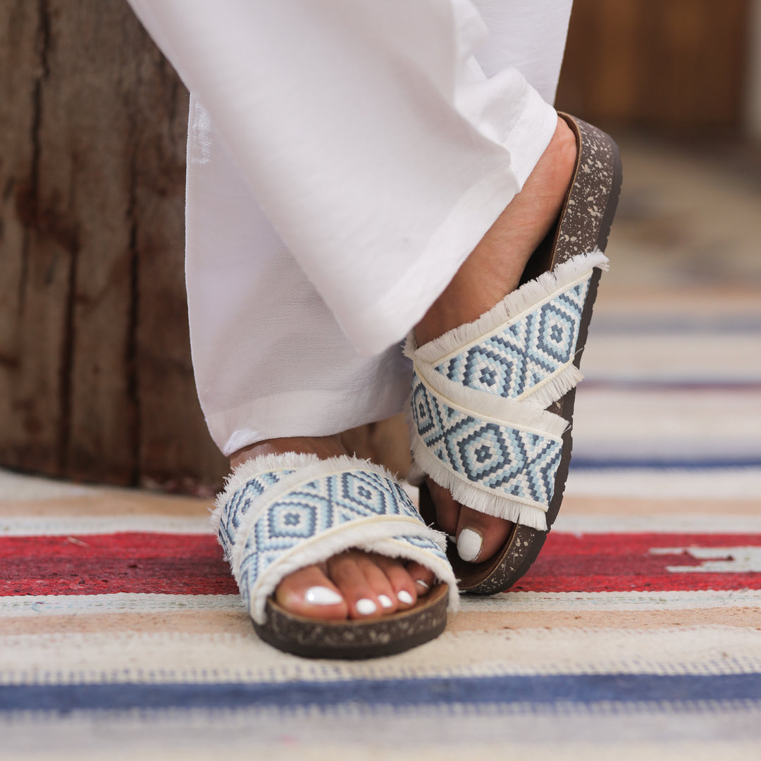 Tribal Fringe Sandals - Baby Blue