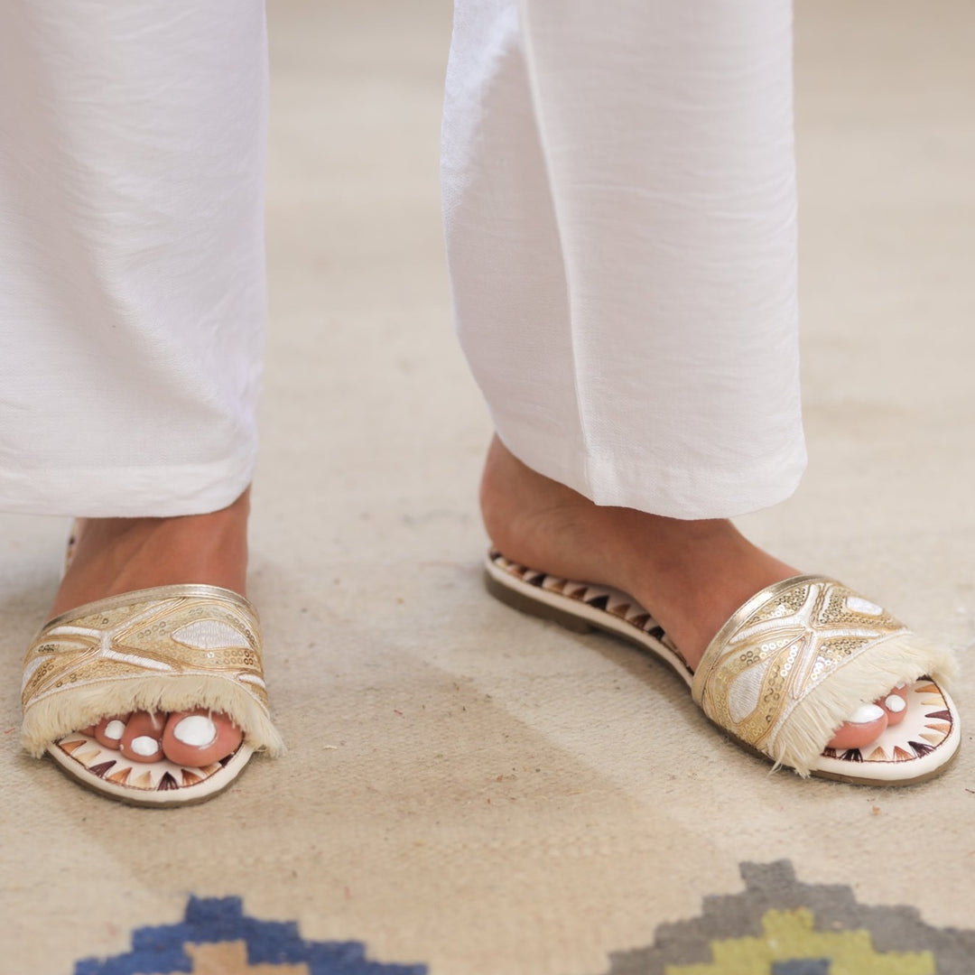 Sequin Embellished Slides - Beige