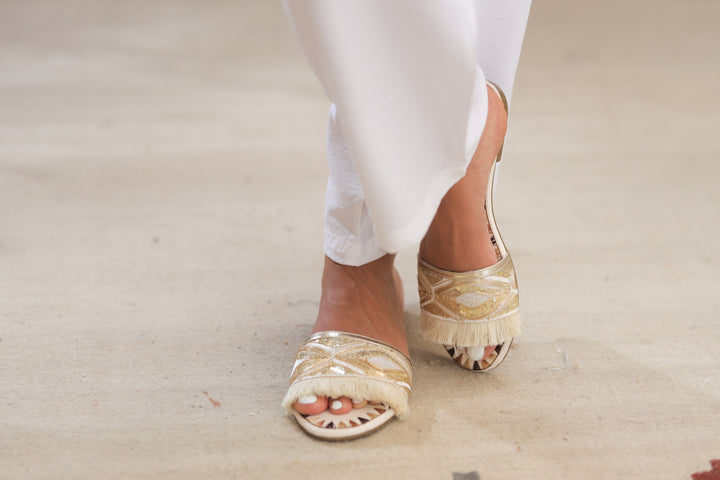 Sequin Embellished Slides - Beige