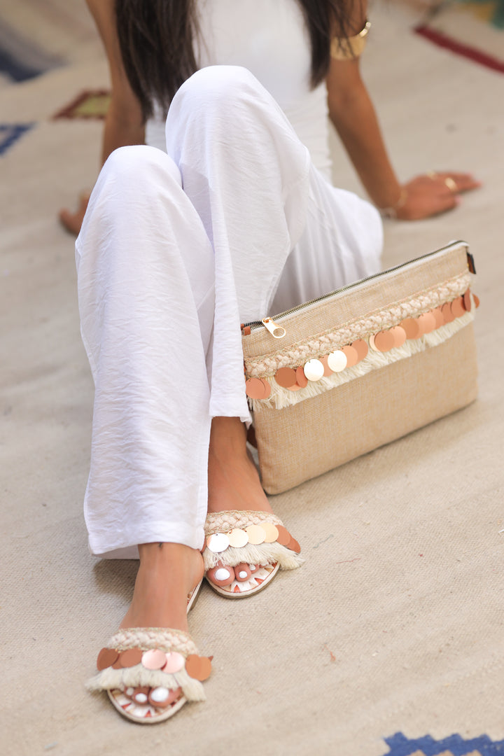 Sequin Fringe Slides - Beige