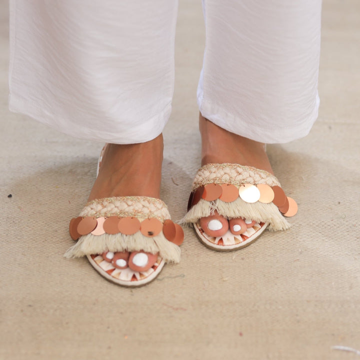 Sequin Fringe Slides - Beige