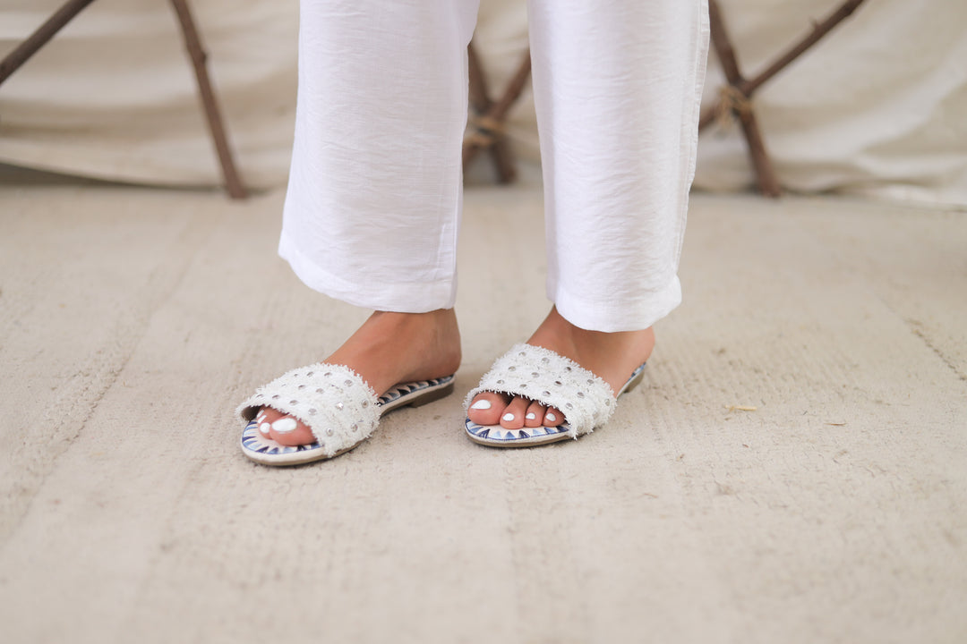 Studded Fringe Slides - White