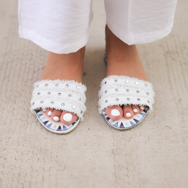 Studded Fringe Slides - White