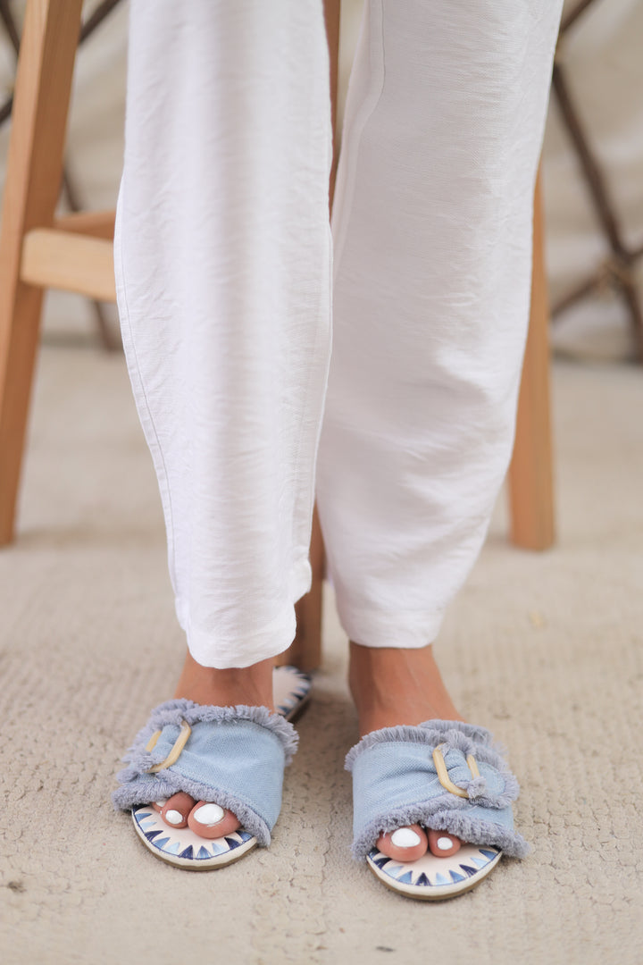 Frayed Buckle Slides - Blue