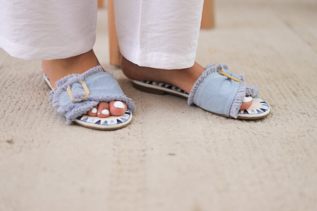 Frayed Buckle Slides - Blue