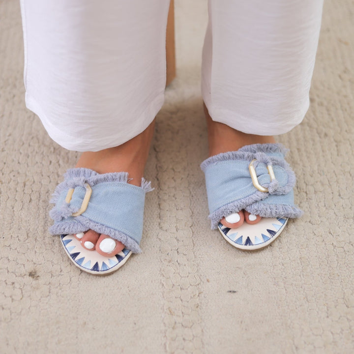 Frayed Buckle Slides - Blue