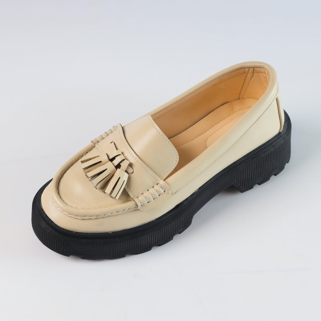 Quality Leather Chunky Bells Loafers - Beige